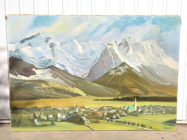 sign. Ölbild auf Leinwand "Alpenpanorama mit Gemeide"