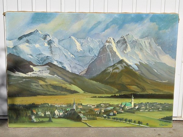 sign. Ölbild auf Leinwand "Alpenpanorama mit Gemeide"