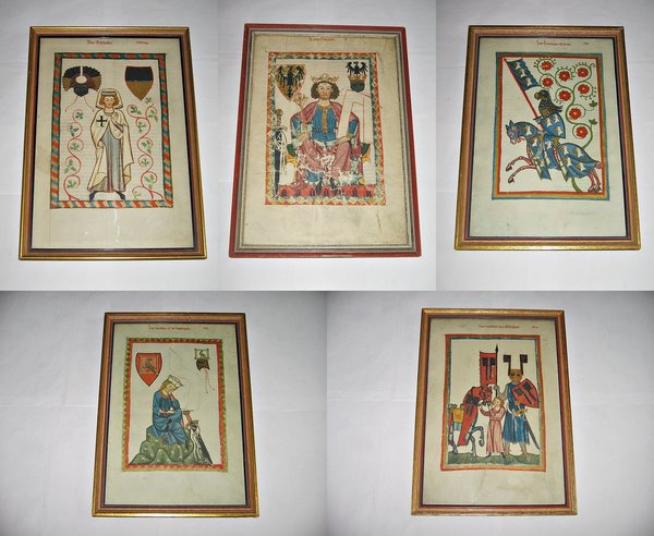 5 gerahmte Drucke aus dem Codex Manesse