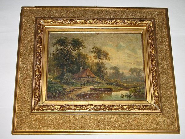 Ölbild auf Holz "Haus am See mit Boot und Personen" um 1860 ~ sign. Cölestin Brügner