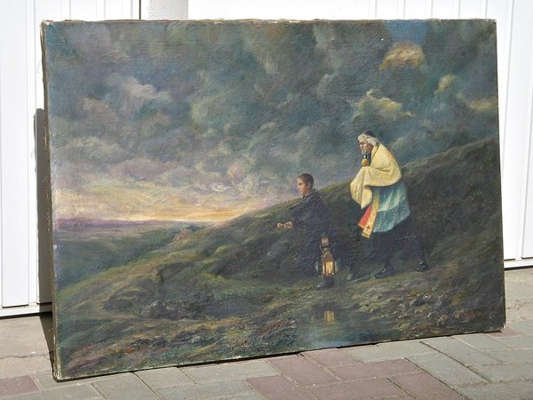 Ölbild auf Leinwand "Junge und Priester auf dem Weg ins Dorf" ~ sign. H. Witte 1920