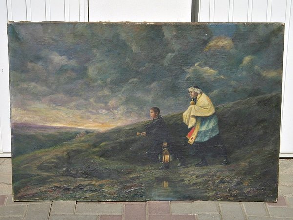 Ölbild auf Leinwand "Junge und Priester auf dem Weg ins Dorf" ~ sign. H. Witte 1920