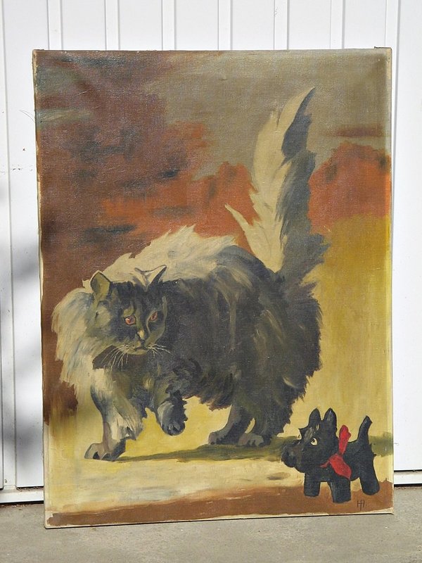 Ölbild auf Leinwand "Katze" vor 1960 ~ monogrammiert