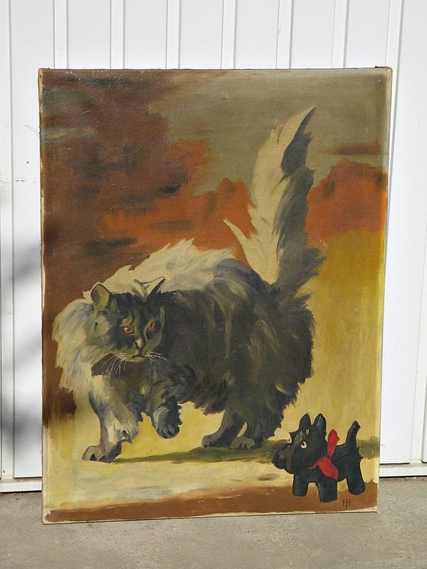 Ölbild auf Leinwand "Katze" vor 1960 ~ monogrammiert