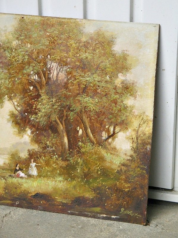 Ölbild "Landschaft mit Mutter und Tochter beim Picknick" ~ sign. Georg Ohst