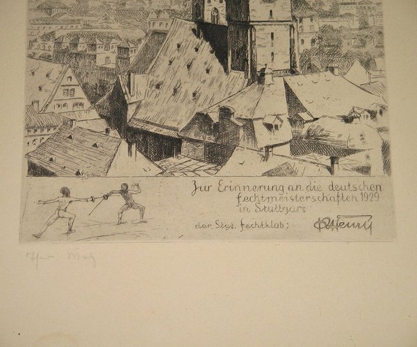 gerahmter Druck "Stuttgart Stiftskirche" ~ signiert ~ Deutsche Fechtmeisterschafen 1929