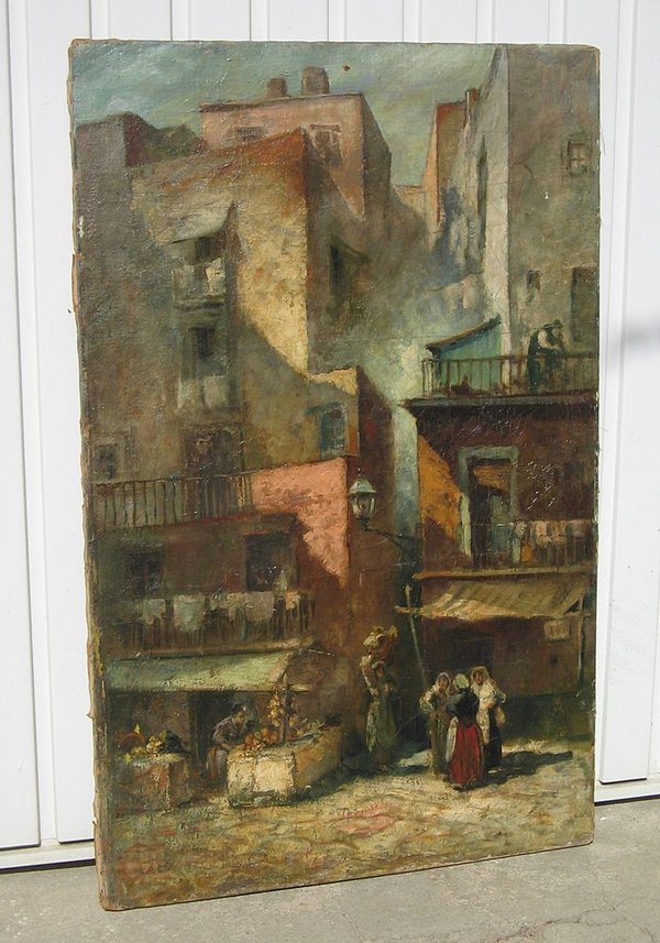 antikes Ölbild auf Leinwand "Straßenszene" um 1850