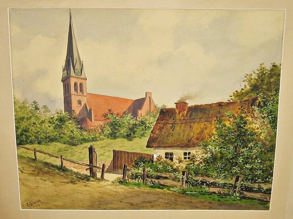 Aquarell "Dorfkirche mit Gehöft" ~ signiert A. Heinrich 1908