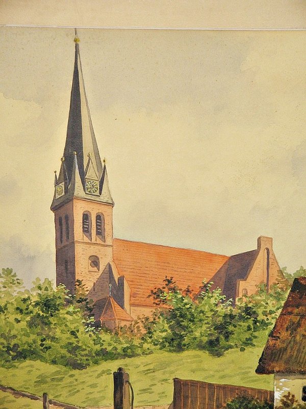 Aquarell "Dorfkirche mit Gehöft" ~ signiert A. Heinrich 1908