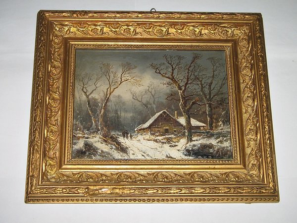 gerahmtes Ölbild "Winterlandschaft mit Gehöft" um 1860 ~ sign. Cölestin Brügner