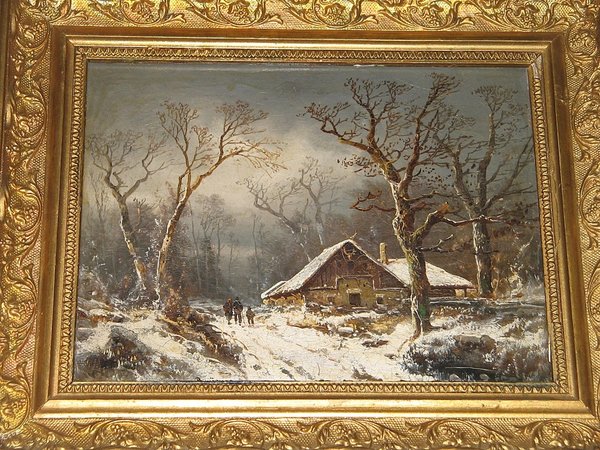 gerahmtes Ölbild "Winterlandschaft mit Gehöft" um 1860 ~ sign. Cölestin Brügner