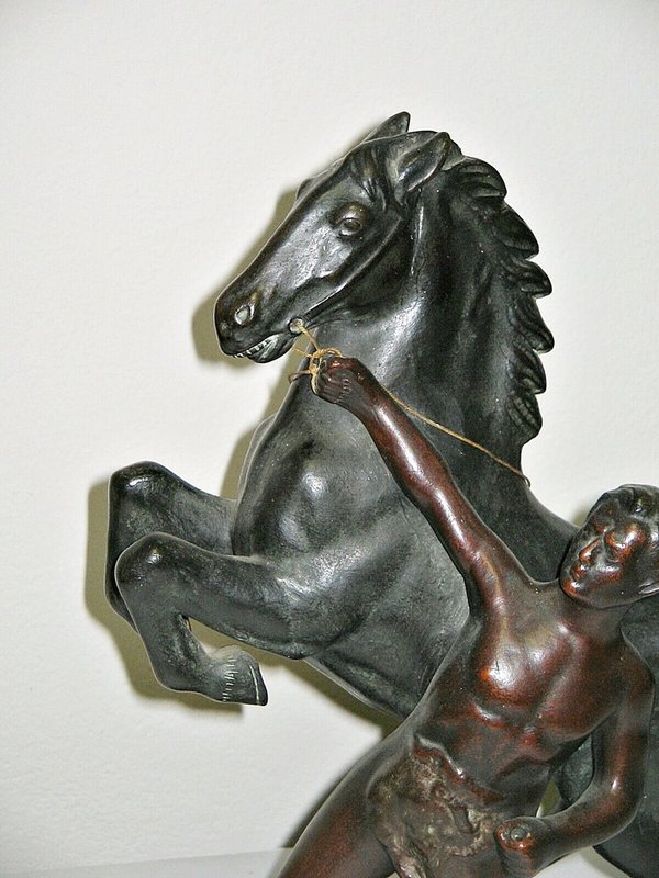bronzierte Keramik-Skulptur "Pferdebändiger" um 1935 ~ gemarkt EJM