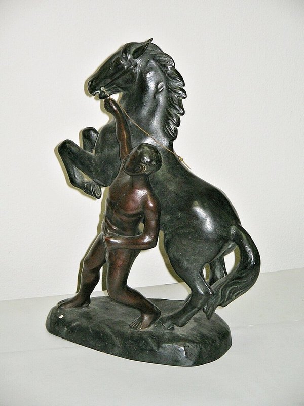 bronzierte Keramik-Skulptur "Pferdebändiger" um 1935 ~ gemarkt EJM