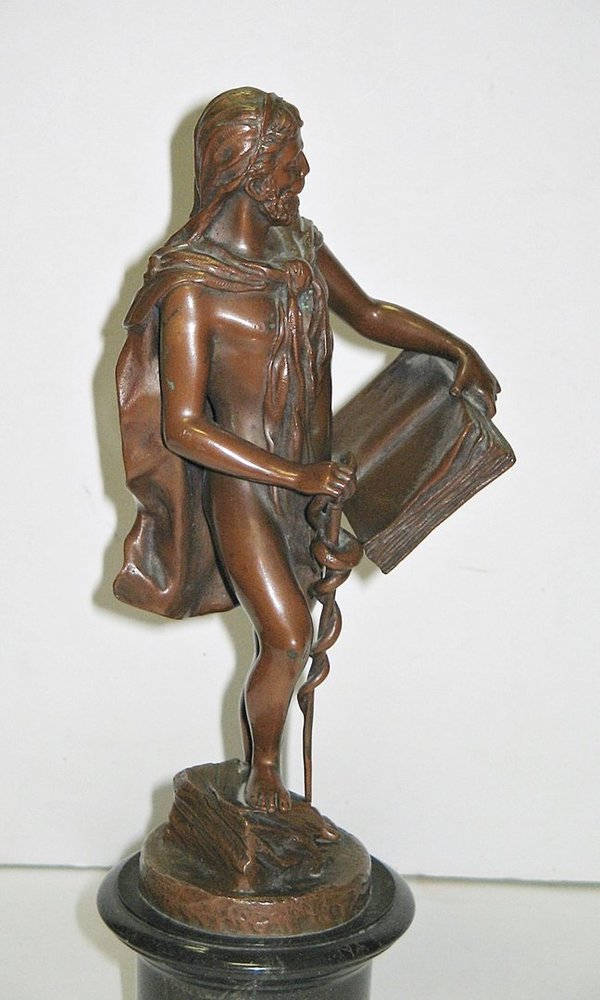 Bronzefigur "Medicus mit Äskulapstab und Medizinbuch" auf Marmorsockel ~ sign. Eichberg ~ Asklepios