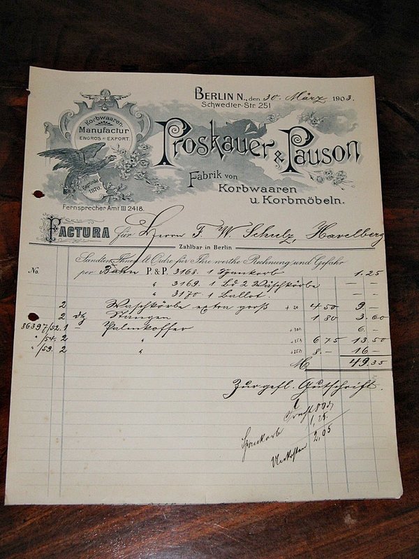 Rechnung von 1903 ~ Lithographie Korbwaaren Manufactur Proskauer & Pauson in Berlin
