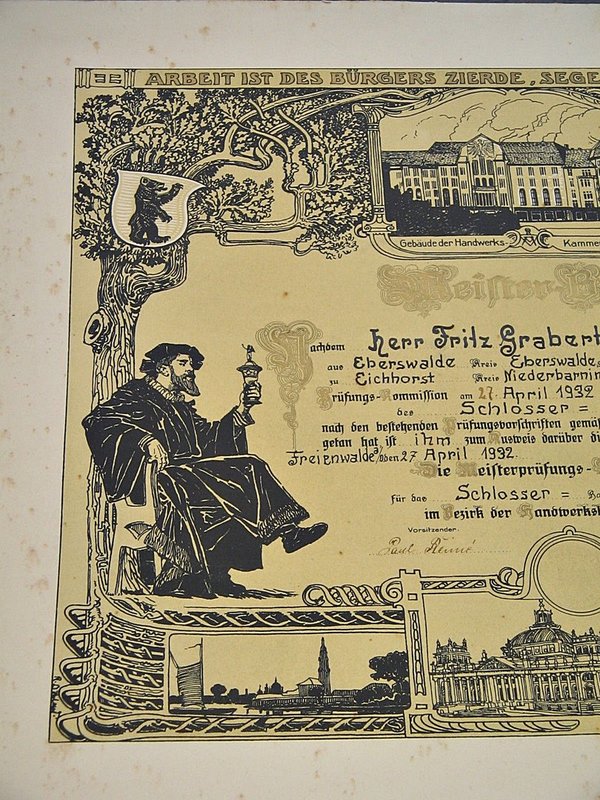 Meisterbrief für das Schlosser-Handwerk ~ Bad Freienwalde 1932
