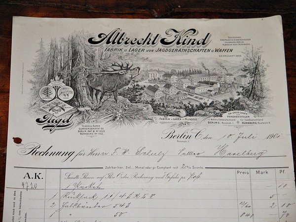 Rechnung von 1902 ~ Lithographie-Firmenkopf Albrecht Kind Jagdgeräthschaften u. Waffen in Berlin