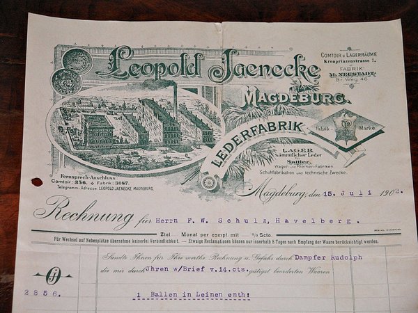 Rechnung von 1902 ~ Lithographie-Firmenkopf Lederfabrik Leopold Jaenecke in Magdeburg