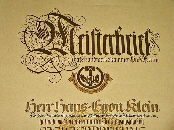 Meisterbrief der Handwerkskammer Groß-Berlin 1960 ~ DDR