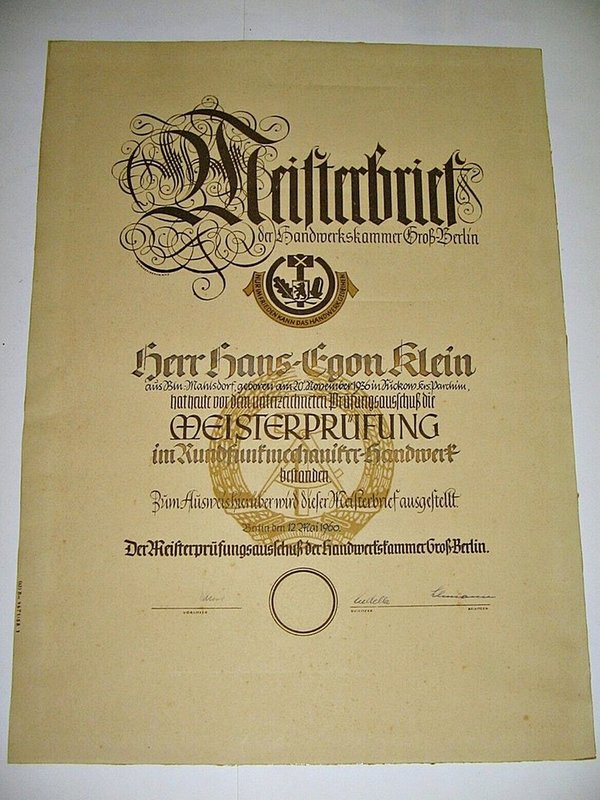 Meisterbrief der Handwerkskammer Groß-Berlin 1960 ~ DDR