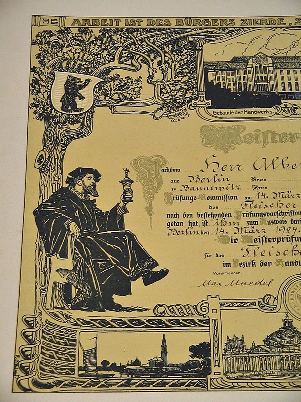 Meisterbrief für das Fleischer-Handwerk ~ Berlin 1924