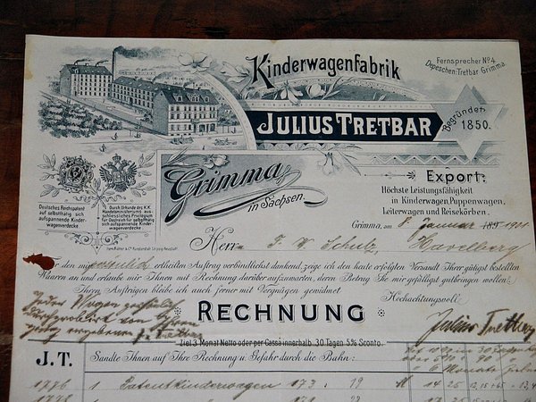 Rechnung von 1901 ~ Lithographie Kinderwagenfabrik Julius Tretbar in Grimma / Sachsen