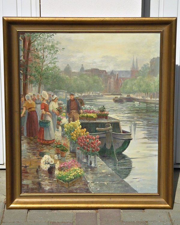 gerahmtes Ölbild "Holländischer Blumenmarkt" ~ sign. G. Schlichting