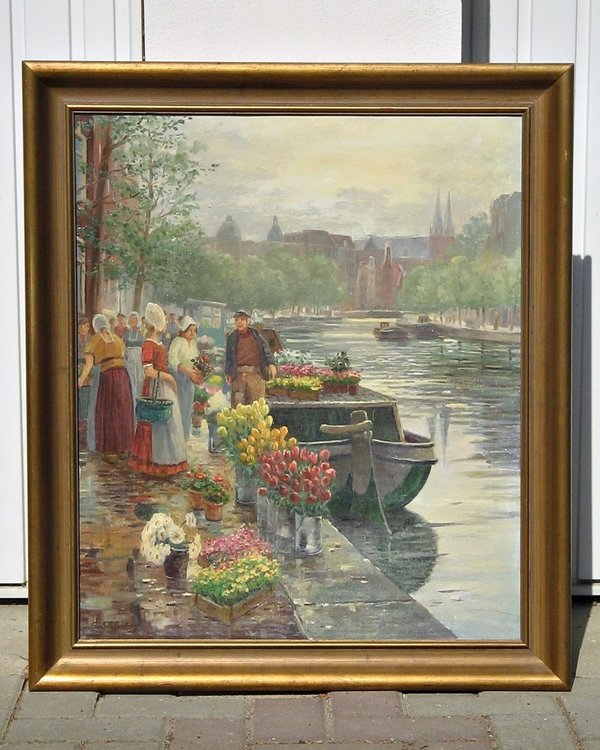 gerahmtes Ölbild "Holländischer Blumenmarkt" ~ sign. G. Schlichting
