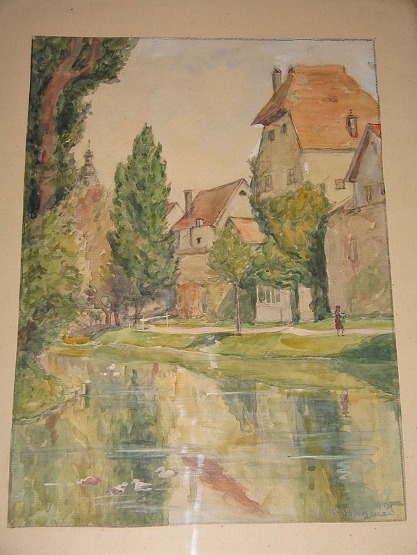 gerahmtes Aquarell "Dorfkern mit Teich" ~ signiert R. Magenau 1931