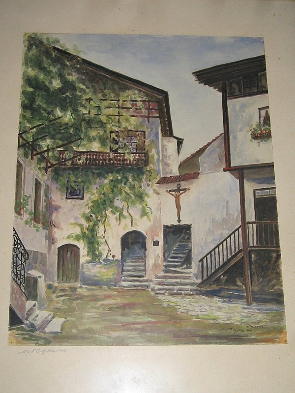gerahmtes Aquarell "Historischer Innenhof" ~ Klausen / Südtirol ~ sign. 1946