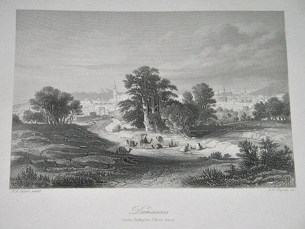 Stahlstich um 1850 ~ Damascus (vom Palmyra-Thore aus)