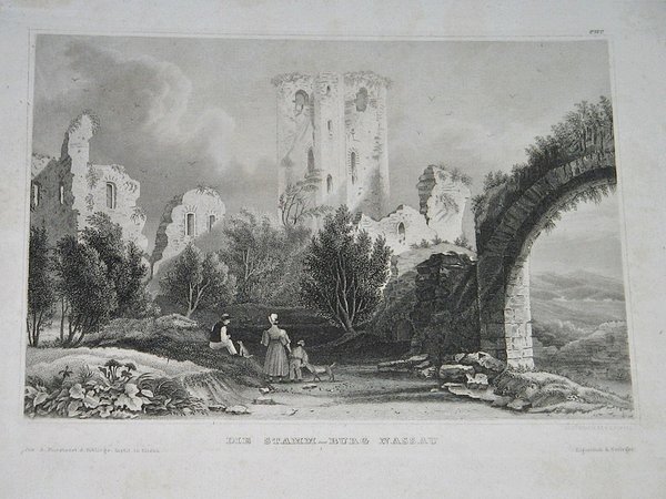Stahlstich um 1850 ~ Die Stamm-Burg Nassau
