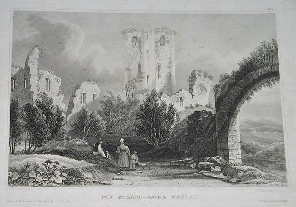 Stahlstich um 1850 ~ Die Stamm-Burg Nassau