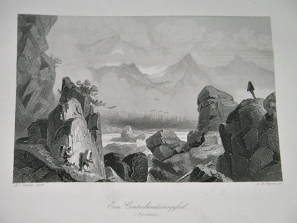 Stahlstich um 1850 ~ Ein Contrabandistenpfad (Pyrenäen)