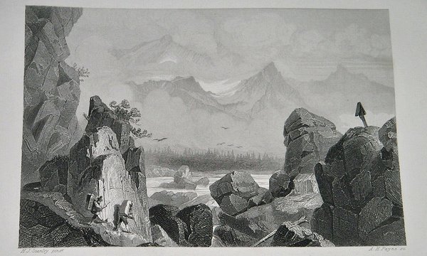 Stahlstich um 1850 ~ Ein Contrabandistenpfad (Pyrenäen)