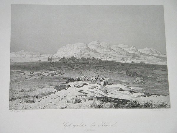 Stahlstich um 1850 ~ Gebirgskette bei Kenneh (Egypten)