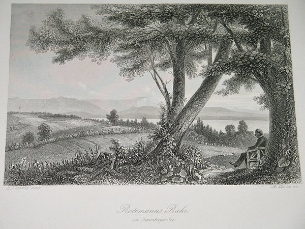 Stahlstich um 1850 ~ Rottmanns Ruhe am Starenberger See