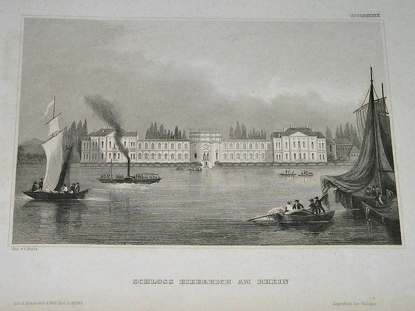 Stahlstich um 1850 ~ Schloss Bieberich am Rhein