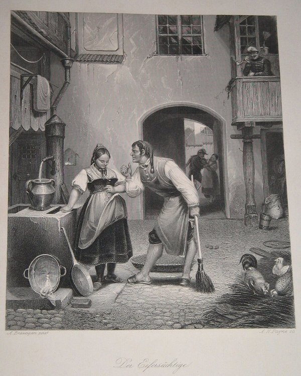 Stahlstich um 1845 ~ Der Eifersüchtige