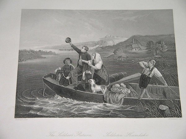 Stahlstich um 1845 ~ Soldaten Heimkehr