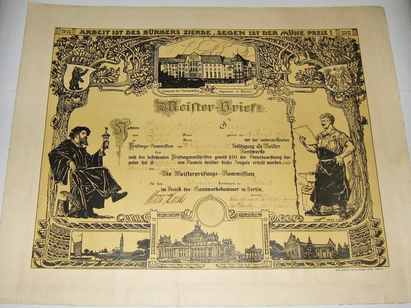 Meisterbrief für das Schneider-Handwerk ~ Berlin 1927