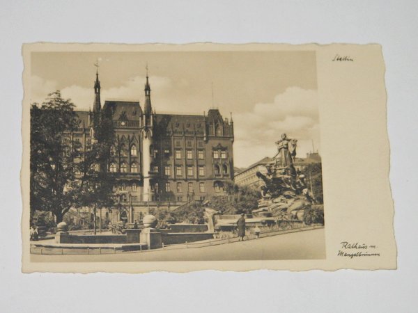 Ansichtskarte Stettin - Rathaus mit Manzelbrunnen ~ 1933 ~ Pommern