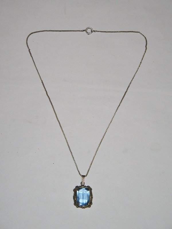 antike Damen-Halskette mit blauem Schmuckstein-Anhänger ~ Silber