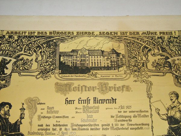 Meisterbrief für das Schuhmacher-Handwerk ~ Brandenburg 1933