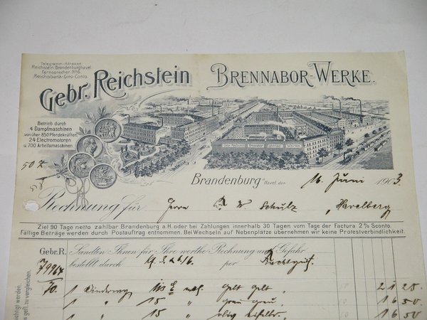 Rechnung von 1903 ~ Lithographie-Firmenkopf Brennabor-Werke in Brandenburg