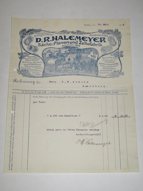 Rechnung von 1903 ~ Lithographie D.R. Halemeyer Säcke-, Planen- und Zeltefabrik in Potsdam