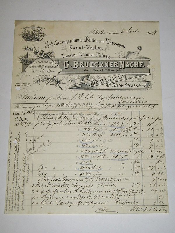 Rechnung von 1902 ~ Lithographie Bilder- und Haussegenfabrik Brueckner in Berlin