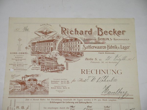Rechnung von 1903 ~ Lithographie-Firmenkopf Sattlerwaren-Fabrik Richard Becker in Berlin