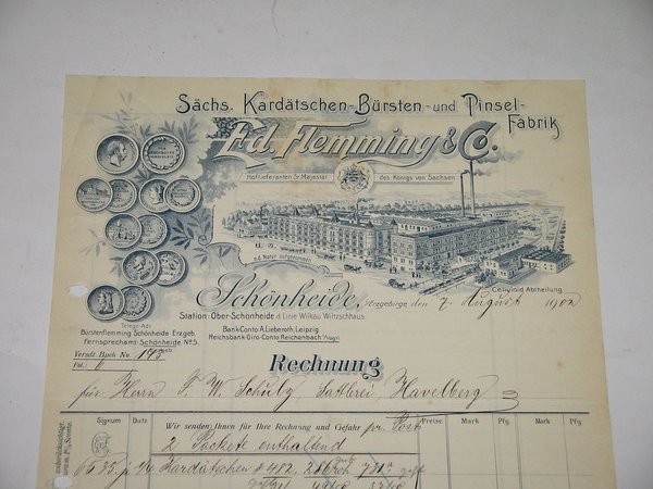 Rechnung von 1902 ~ Lithographie Bürsten- und Pinselfabrik Ed. Flemming in Schönheide
