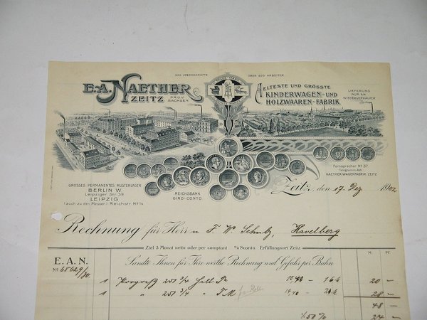 Rechnung von 1902 ~ Lithographie Kinderwagenfabrik Naether in Zeitz